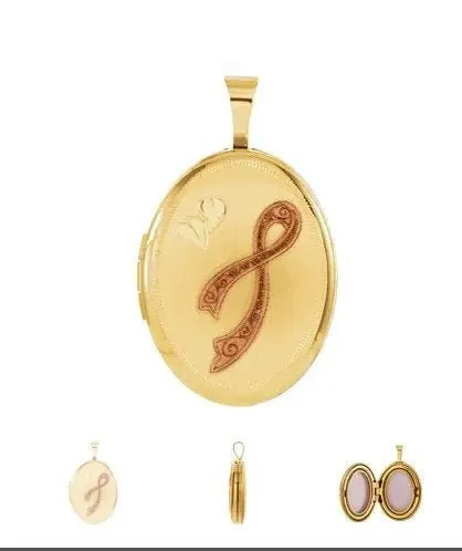 14K Yellow Gold-Plated Sterling Silver Oval Breast Cancer Awareness Locket