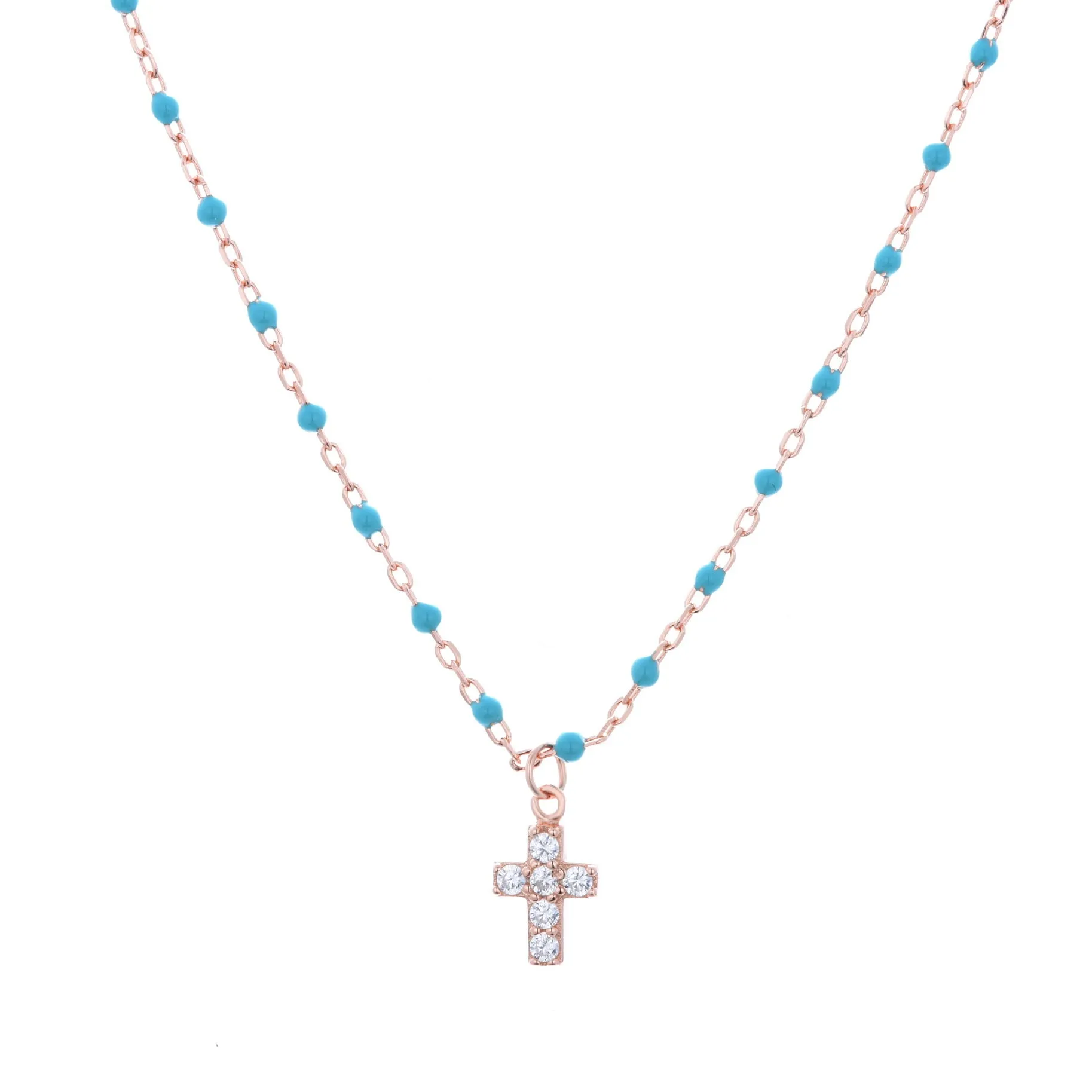 AMARI MINI CROSS BLUE BEADED ROSE GOLD NECKLACE