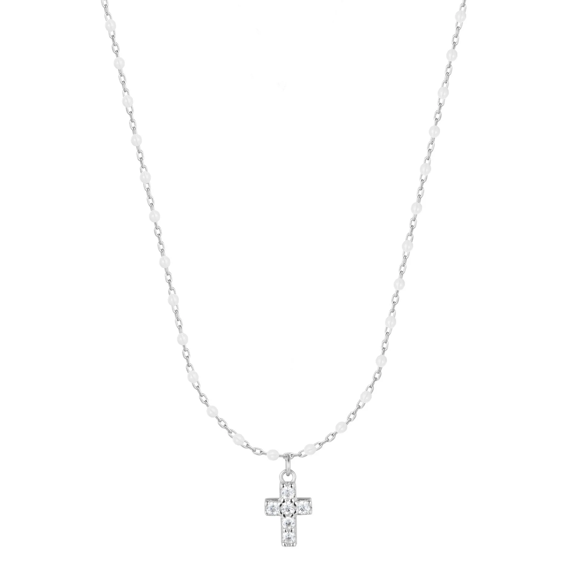 AMARI MINI CROSS WHITE BEADED SILVER NECKLACE