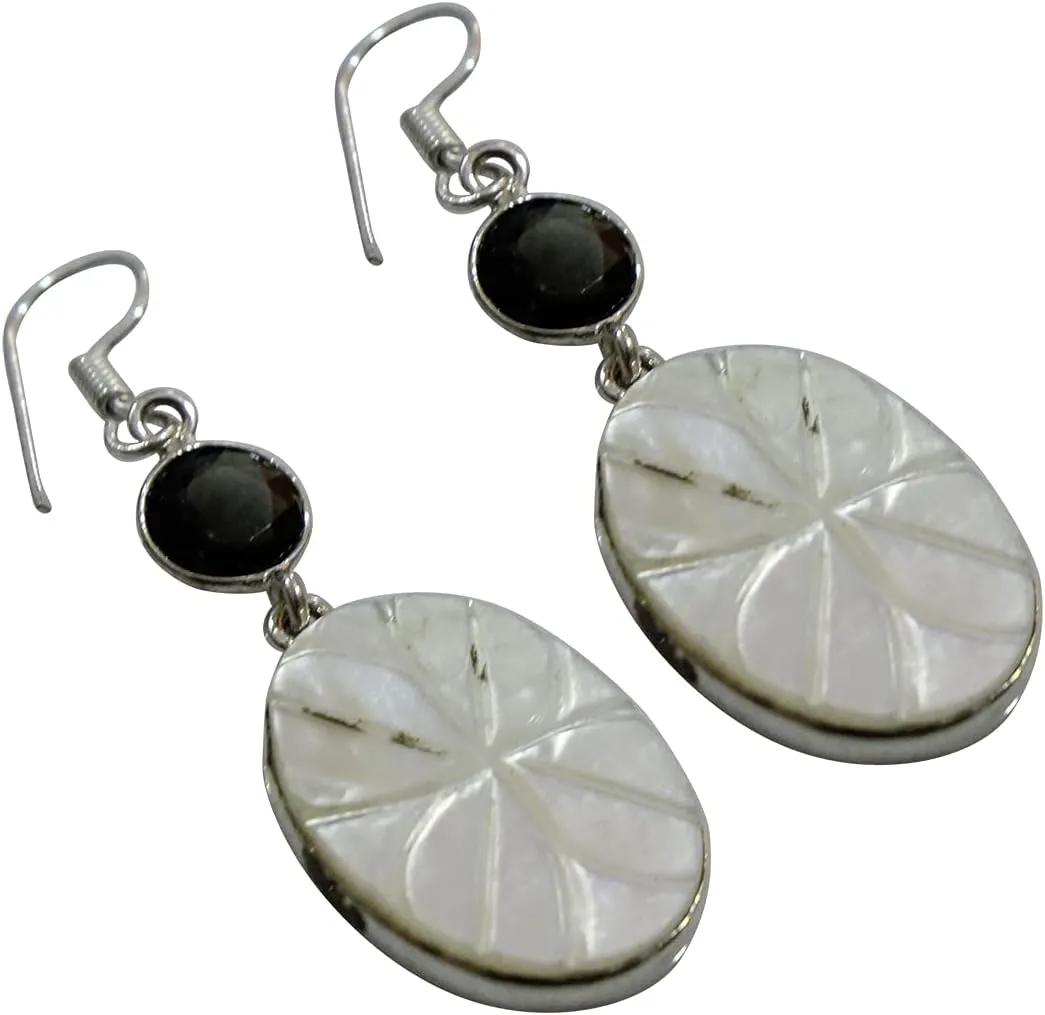 Beautiful Iolite & Shell Gemstone Fashion Drop Earrings for Women 925 Sterling Silver Plated Handmade Modern Contemporary Designer Party Gift Earrings by Artisan