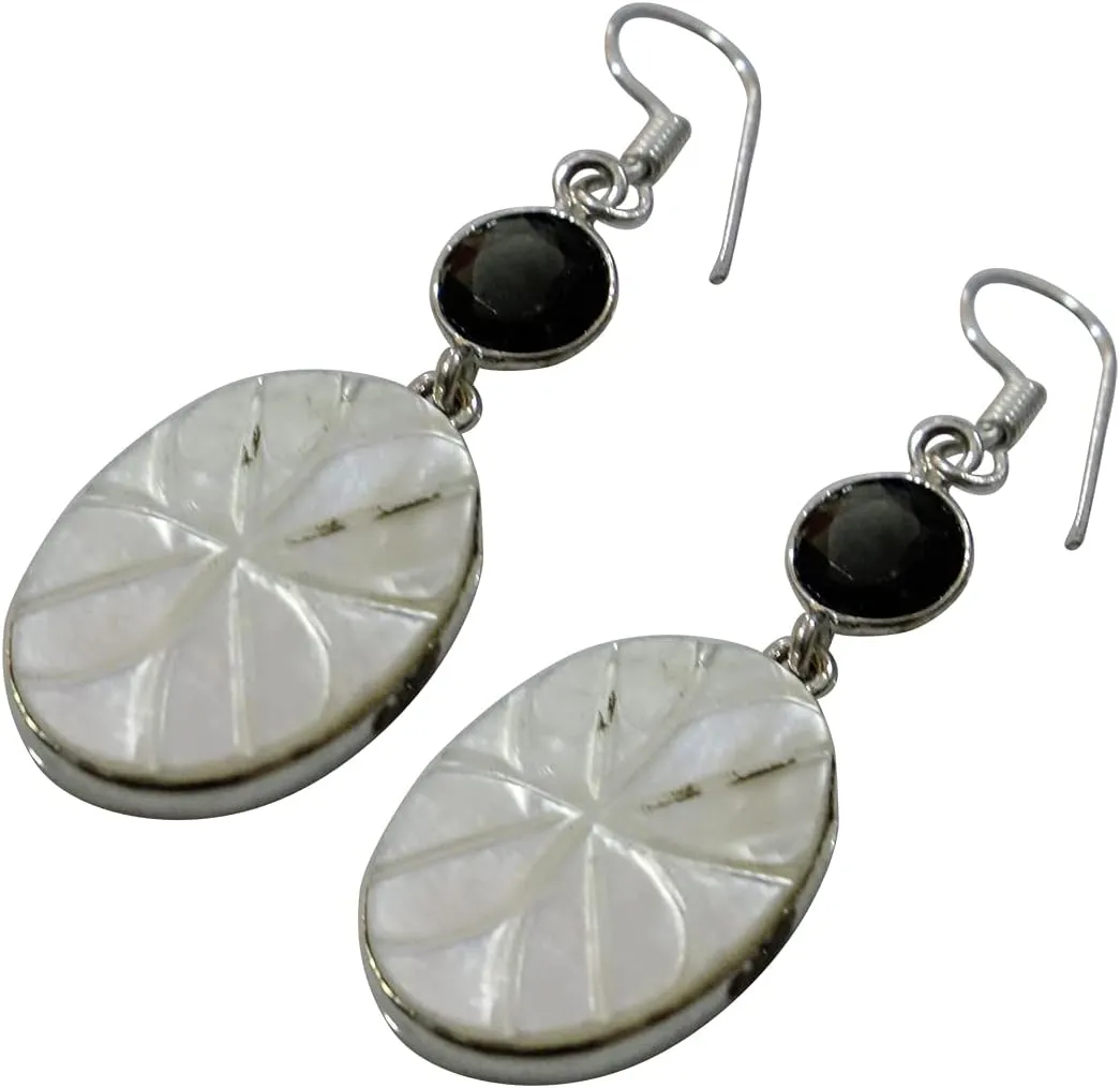 Beautiful Iolite & Shell Gemstone Fashion Drop Earrings for Women 925 Sterling Silver Plated Handmade Modern Contemporary Designer Party Gift Earrings by Artisan