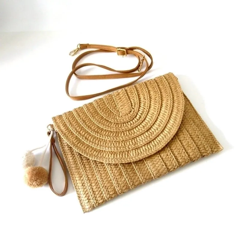 Beige Brown Straw Stripe Solid Color Square Evening Bags
