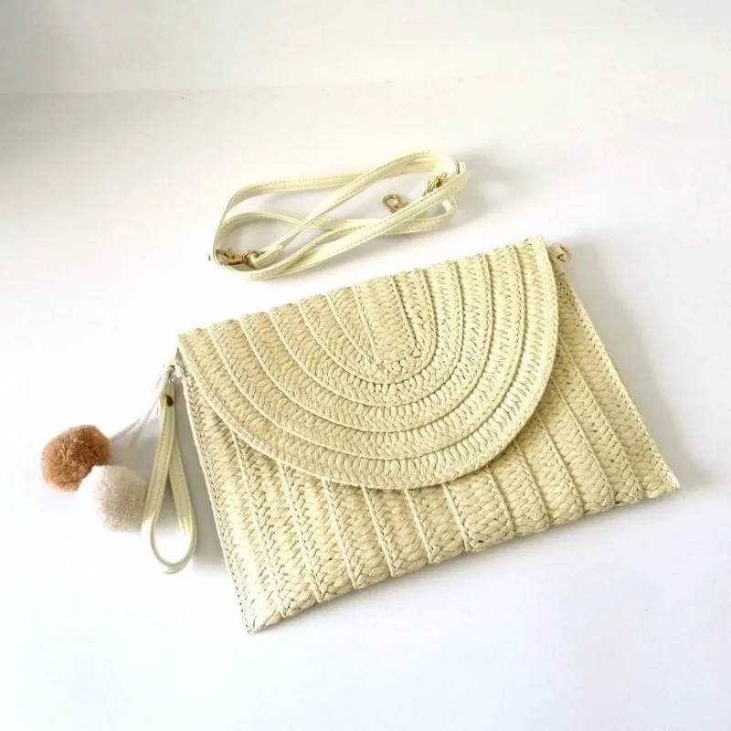 Beige Brown Straw Stripe Solid Color Square Evening Bags