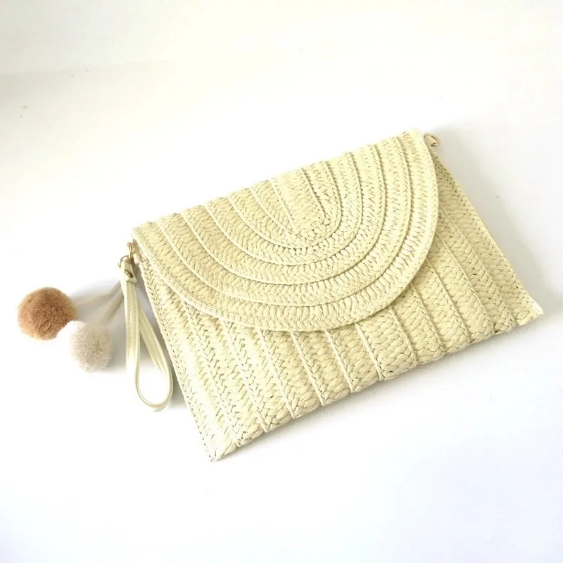 Beige Brown Straw Stripe Solid Color Square Evening Bags