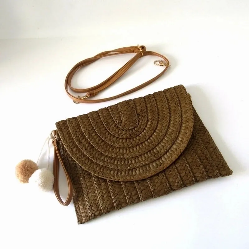 Beige Brown Straw Stripe Solid Color Square Evening Bags