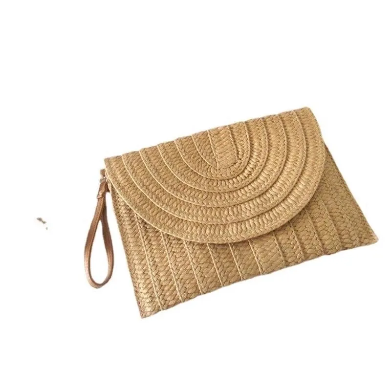 Beige Brown Straw Stripe Solid Color Square Evening Bags
