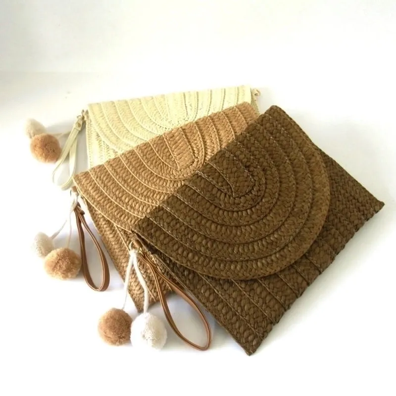 Beige Brown Straw Stripe Solid Color Square Evening Bags