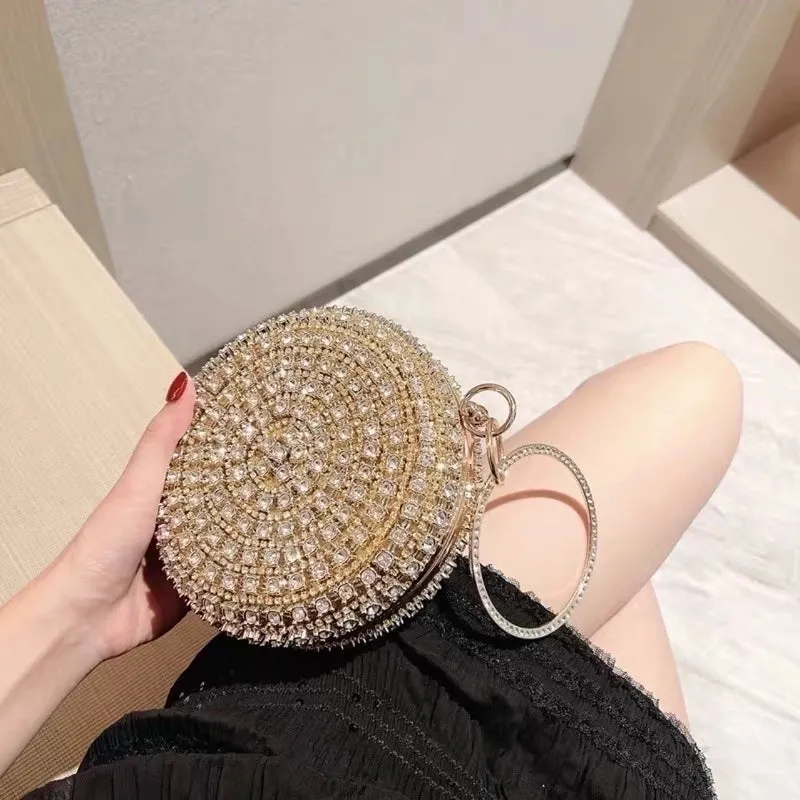 Black Gold Silver Polyester Solid Color Rhinestone Round Evening Bags