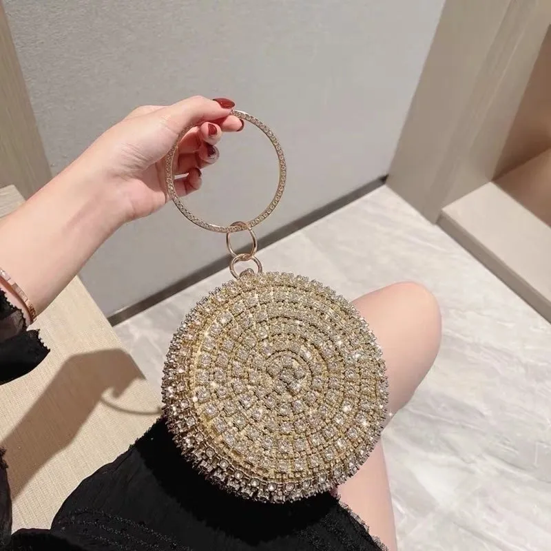 Black Gold Silver Polyester Solid Color Rhinestone Round Evening Bags