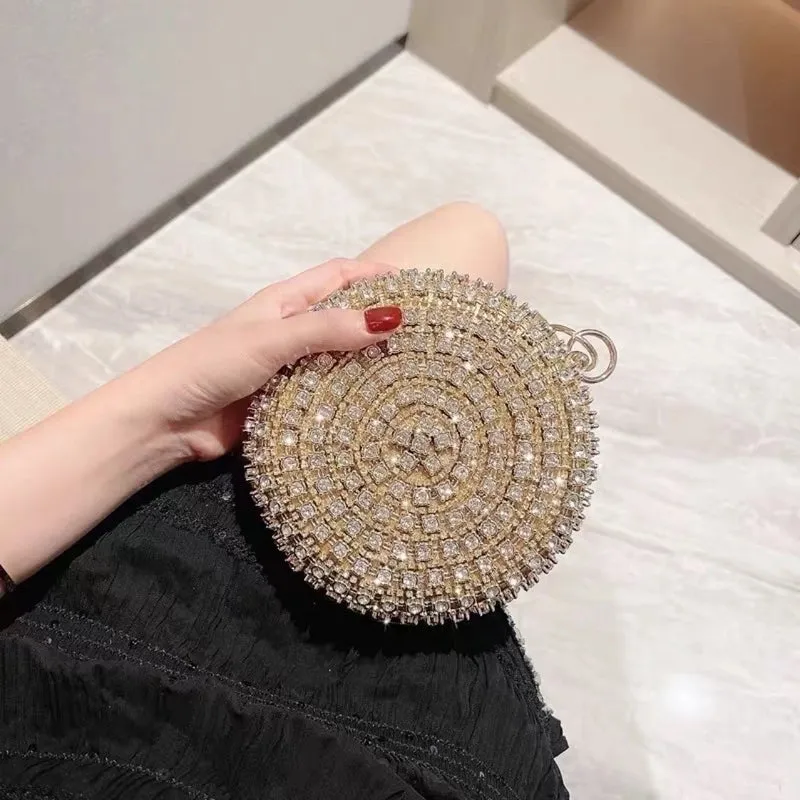 Black Gold Silver Polyester Solid Color Rhinestone Round Evening Bags