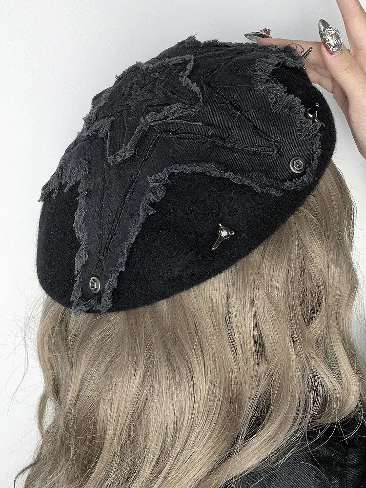 Black Punk Star Applique Stud Details Winter Beret
