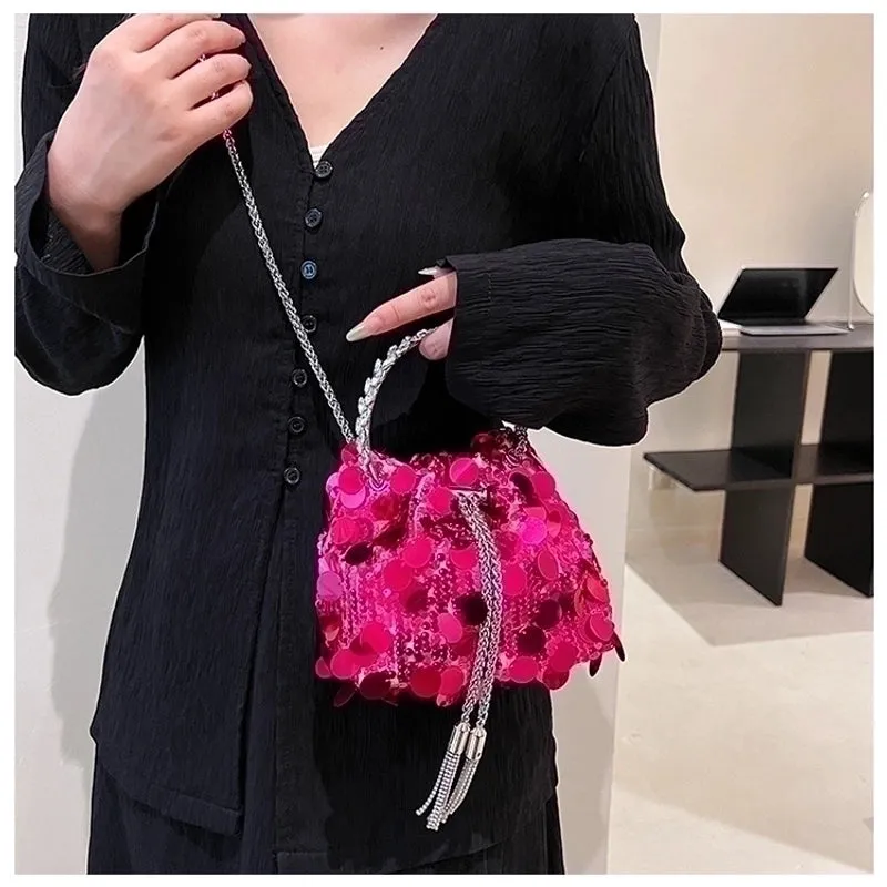 Black Yellow Silver Sequin Solid Color Bucket Evening Bags