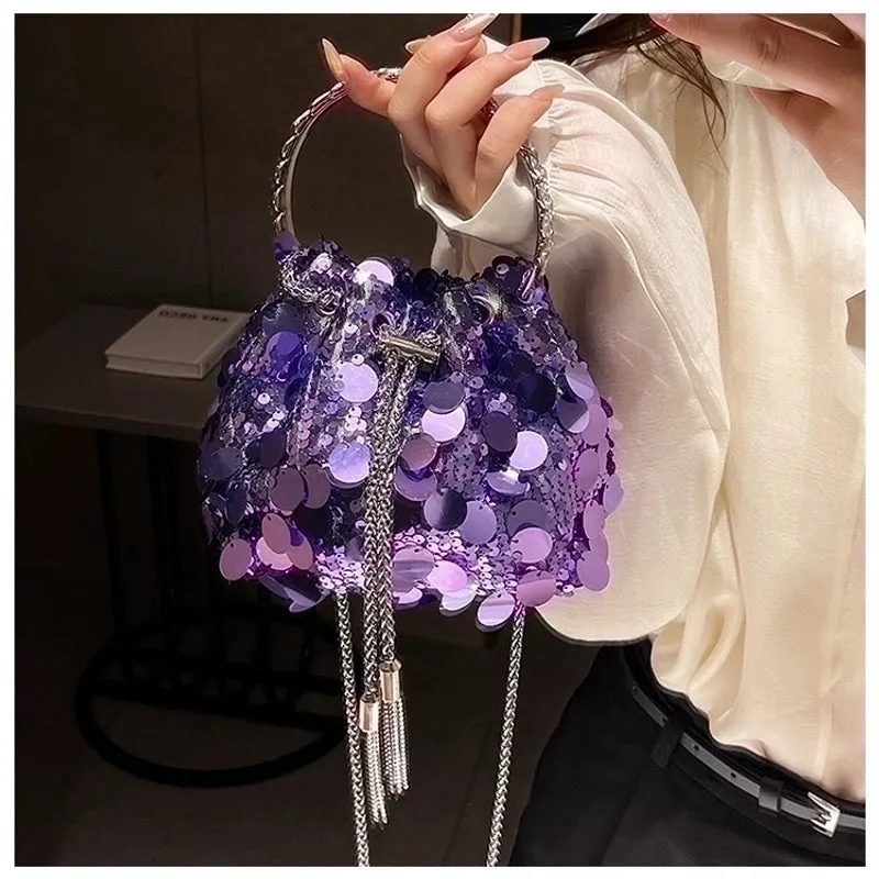 Black Yellow Silver Sequin Solid Color Bucket Evening Bags