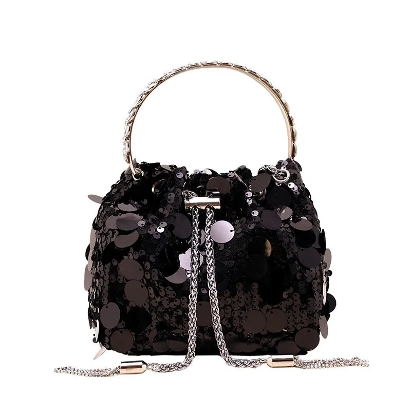 Black Yellow Silver Sequin Solid Color Bucket Evening Bags