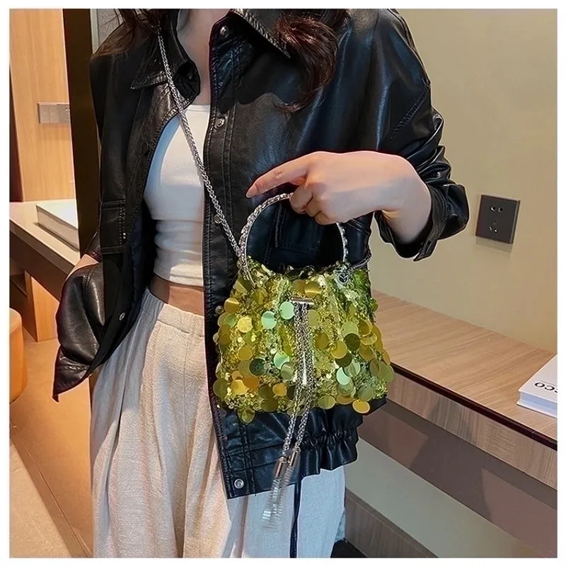 Black Yellow Silver Sequin Solid Color Bucket Evening Bags