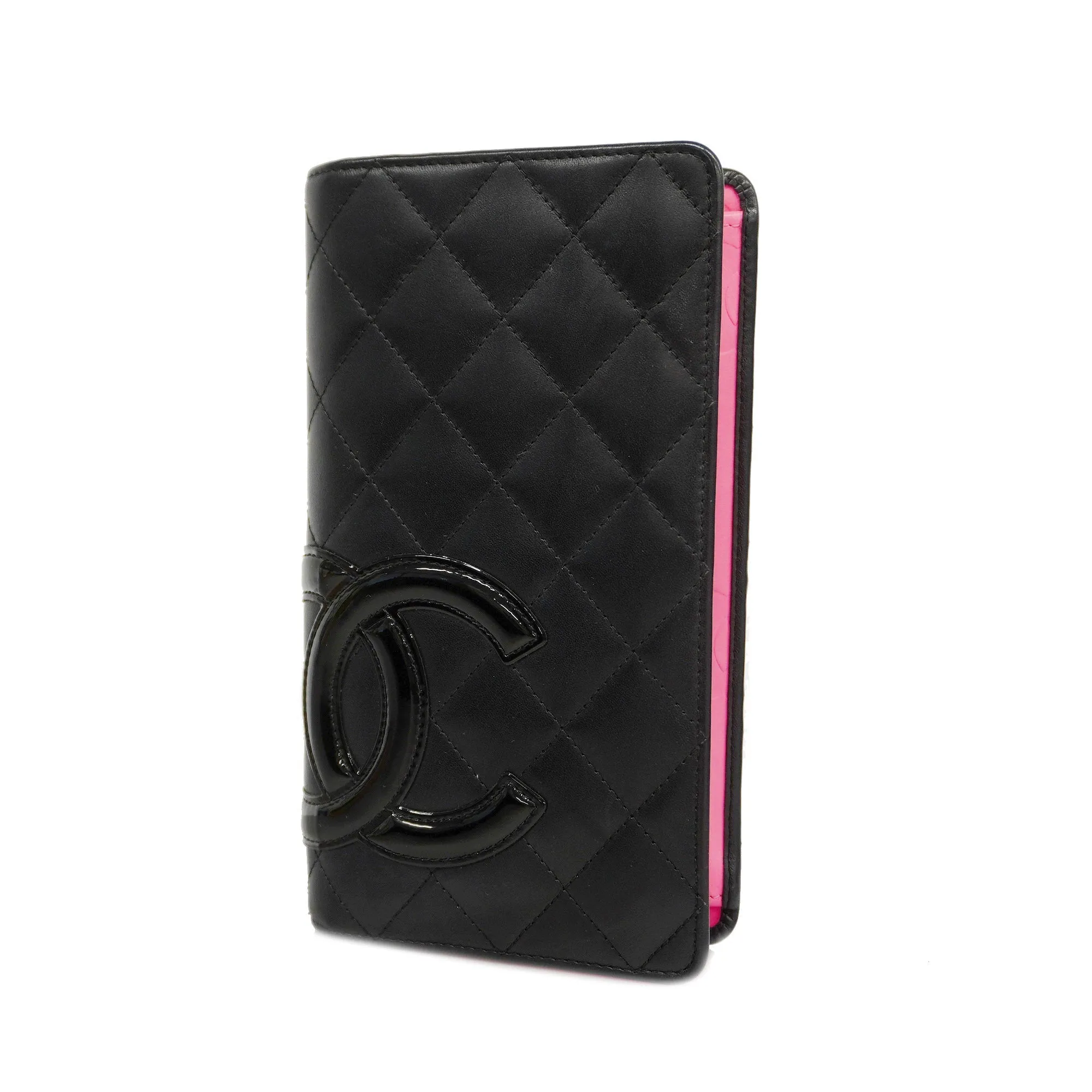 CHANEL   Cambon Long Wallet Silver Metal Fittings Lambskin Black,Pink
