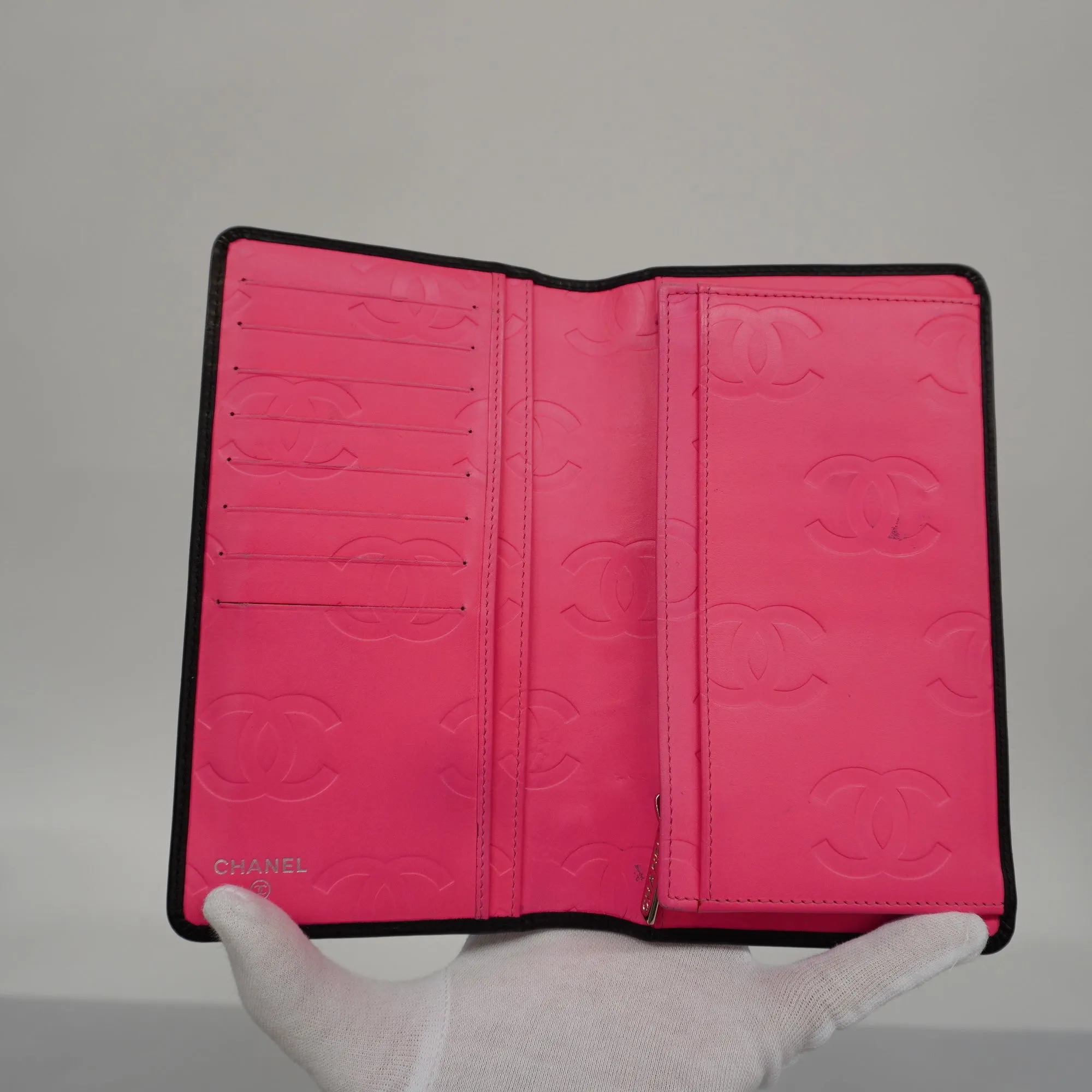 CHANEL   Cambon Long Wallet Silver Metal Fittings Lambskin Black,Pink