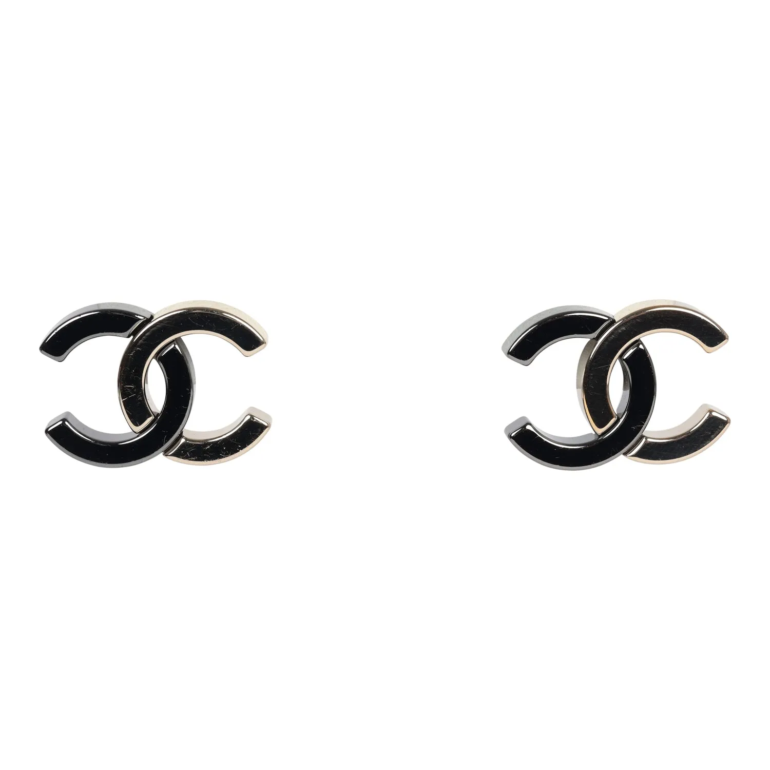 Chanel CC Two-Tone Stud Earrings Ruthenium & Light Gold Hardware