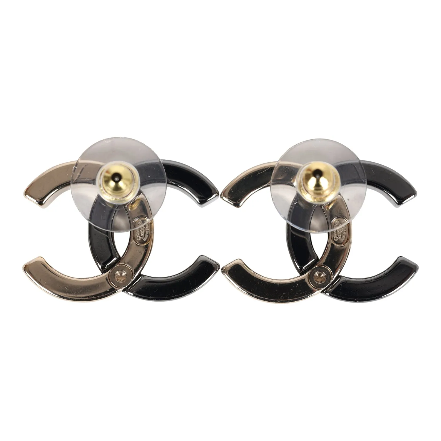 Chanel CC Two-Tone Stud Earrings Ruthenium & Light Gold Hardware