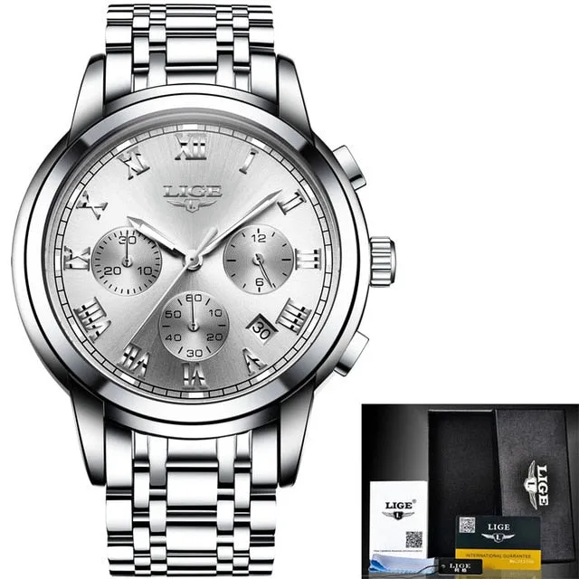 LIGE™ Silver Stainless Steel Watch for Men