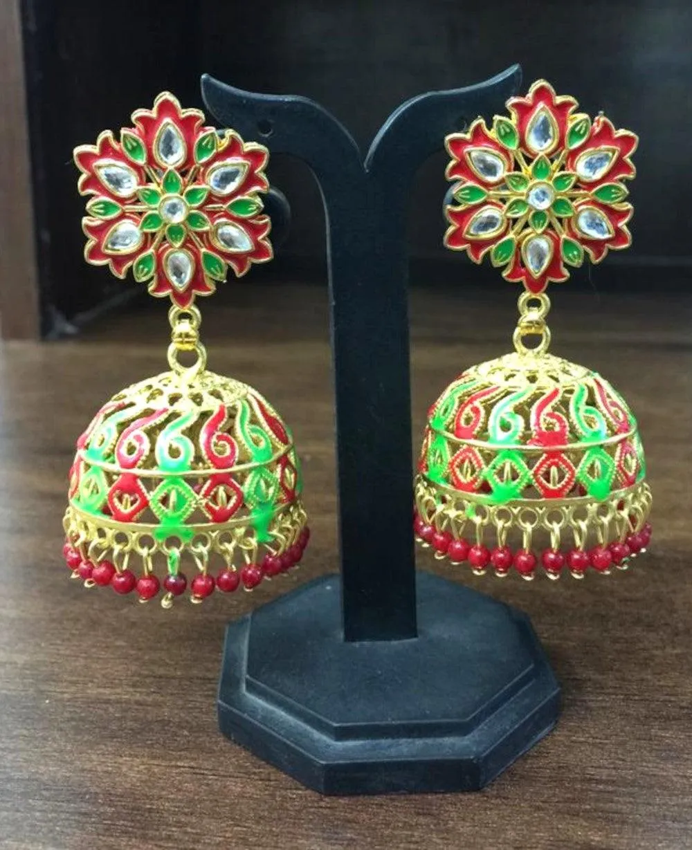 Red and Green Gold-Plated Hand Painted Kundan Studded Jhumkas