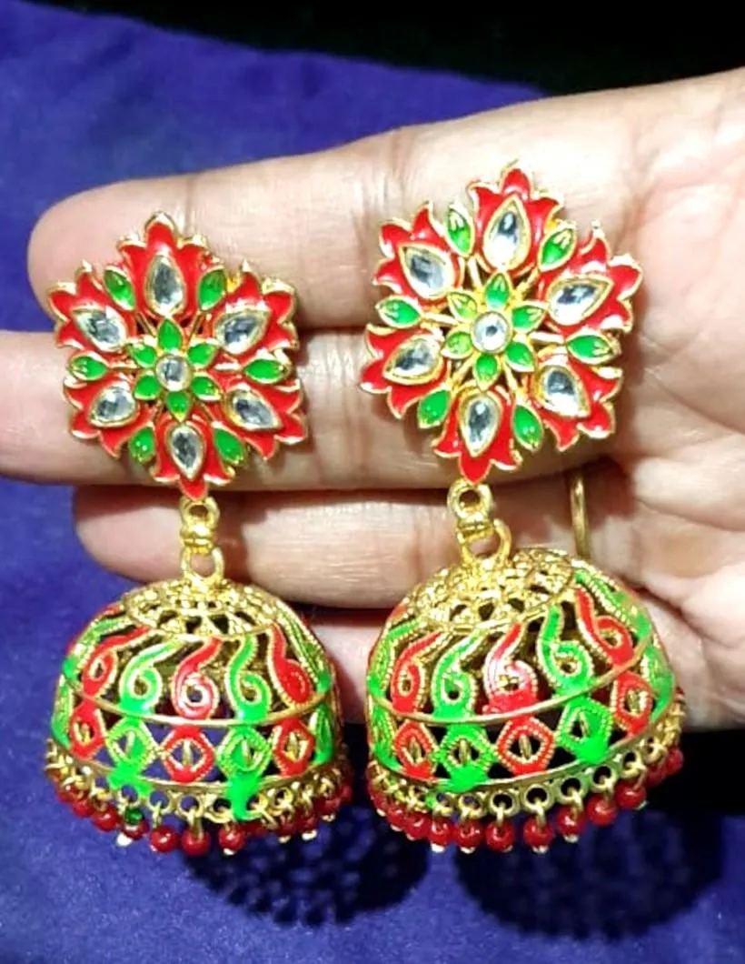 Red and Green Gold-Plated Hand Painted Kundan Studded Jhumkas