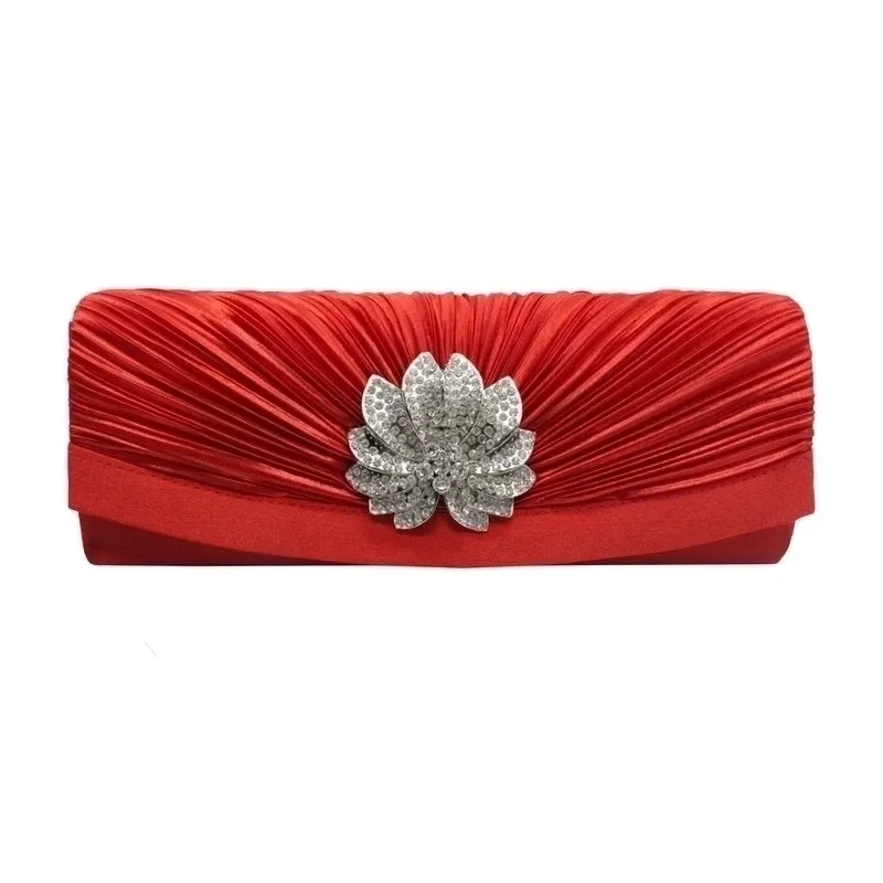 Red Black Silver Silk Solid Color Rhinestone Square Folds Evening Bags