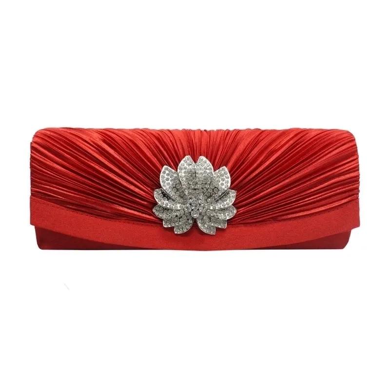 Red Black Silver Silk Solid Color Rhinestone Square Folds Evening Bags