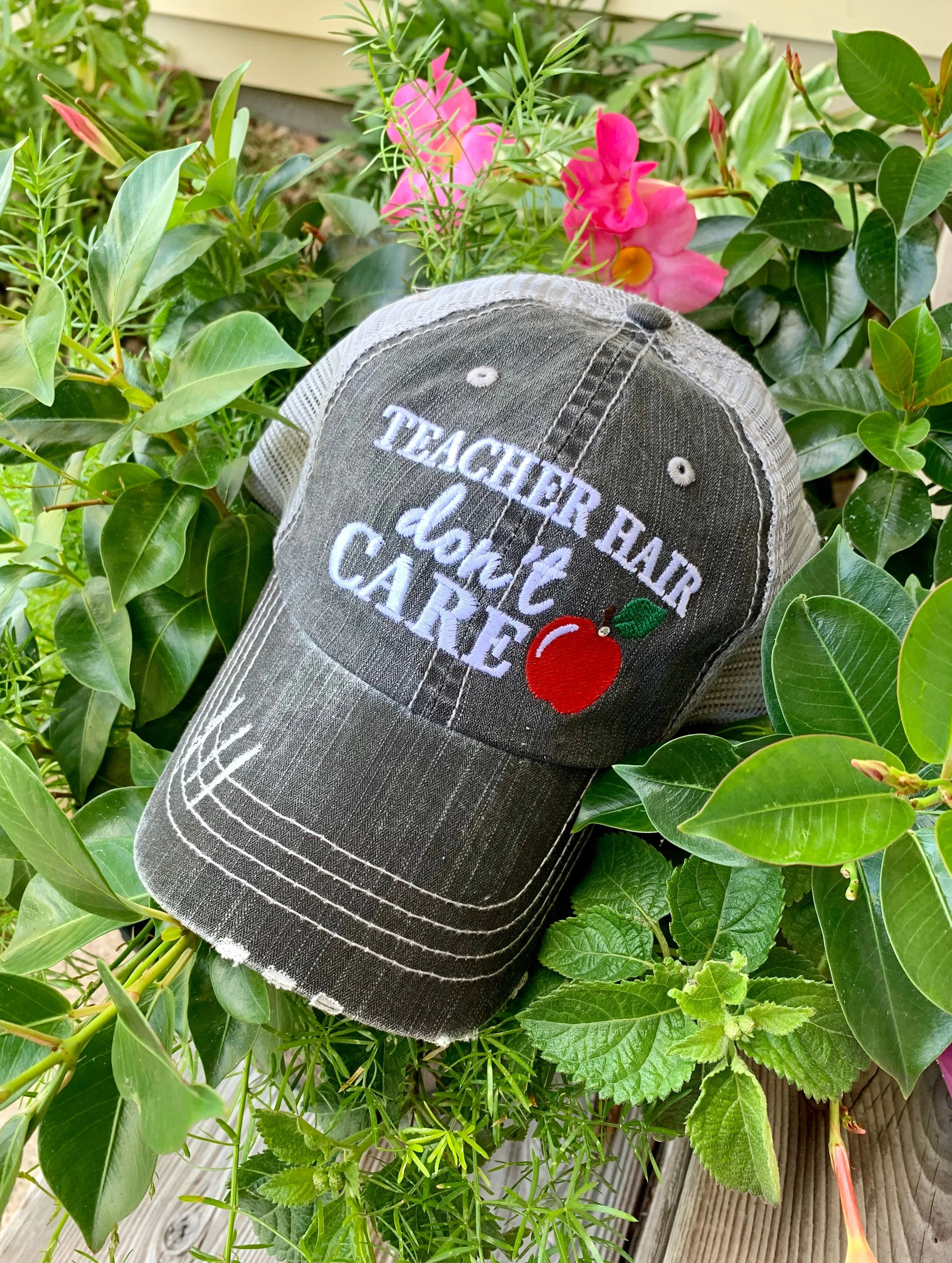 Teacher hats Teacher hair dont care Embroidered unisex gray distressed trucker cap Apple Teach Inspire Accessories Teacher gifts Back to school.